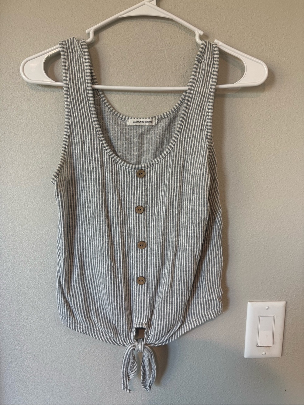 Caution To The Wind Gray Striped Tie-Front Tank